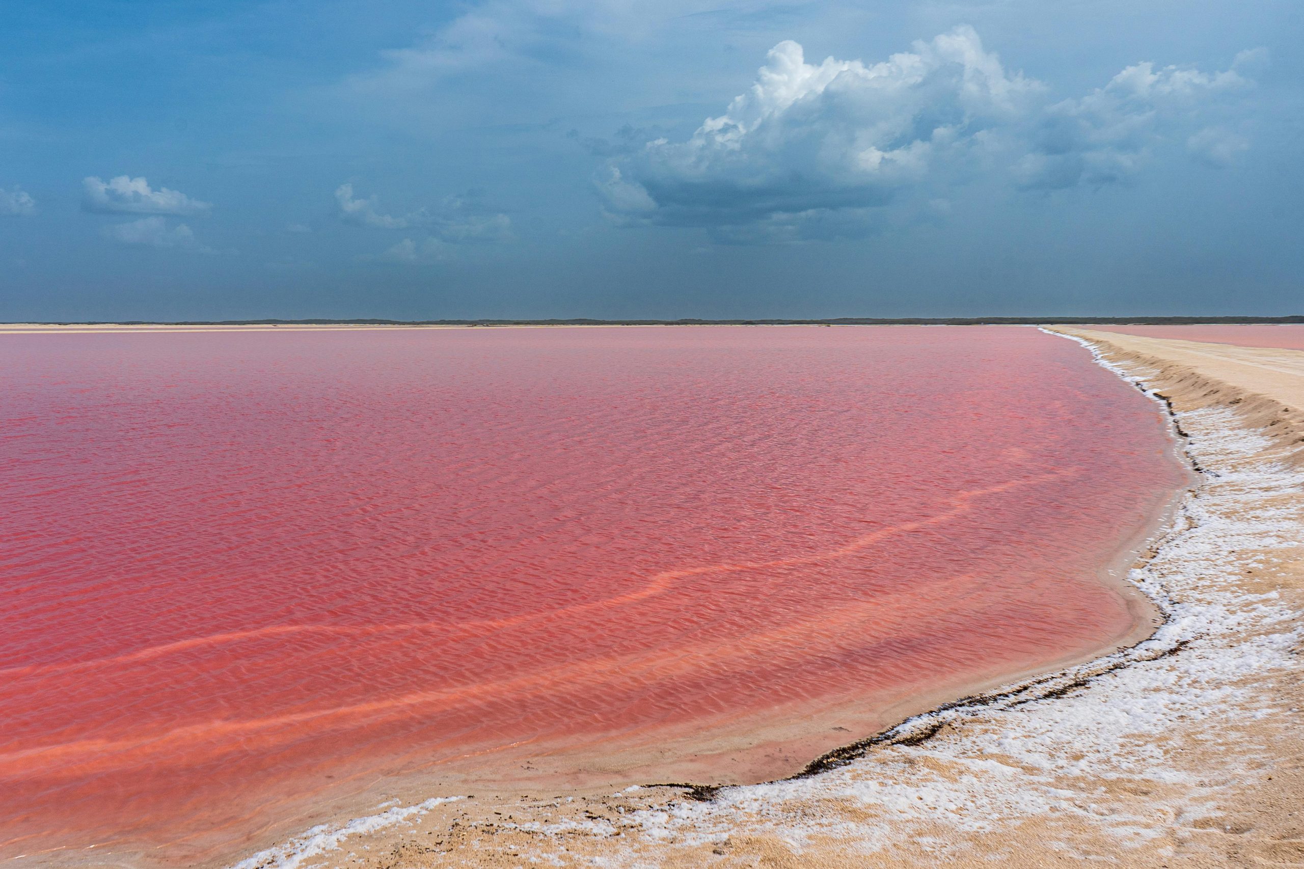 Stunning view of pink salt lake under blue sky